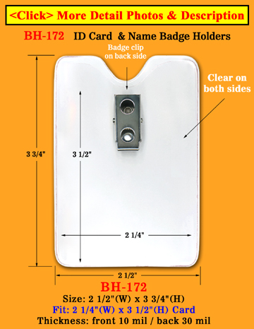 Long Time Wear Clip-On Vertical Plastic ID Holder: 2 1/4"(W)x 3 1/2"(H) Credit Card Size 