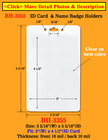 Bigger Size Vertical Clear Plastic Badge Holders: 3"(W)x4 1/2"(H) BH-3355/Bag-of-100Pcs