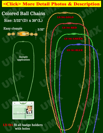 Ball Chains: 30" Gold, Red, Blue and Green Color Metal Neck Chain Lanyards