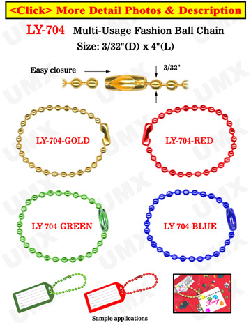 Color Name Tag Ball Chains : Gold, Red, Blue & Green Color 4" Bag Name Tag Chains