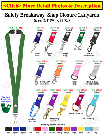 Single Breakaway Lanyards: 3/4" Safety Neck Straps: Snap Closure ID Holders