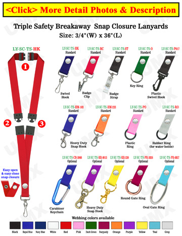 Triple Breakaway Lanyards: 3/4" Safty Neck Straps: Snap Closure ID Badge Holders
