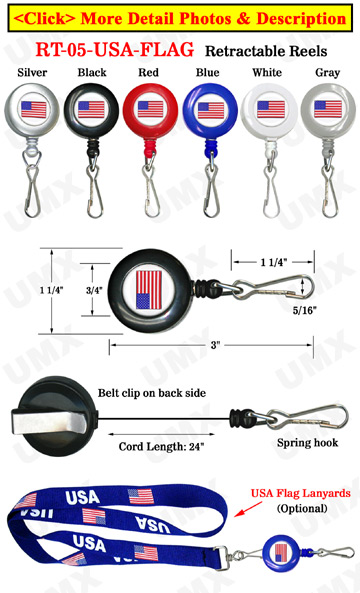 USA Flag Retractable ID Card Holders With Spring Hooks