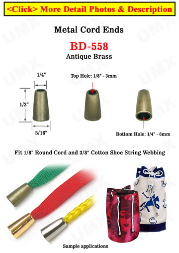 1/8"(D) Antique Brass Cord End Closures: Long Cone Shaped : with 1/8"(D, Top Hole) x 1/4"(D, Bottom Hole)