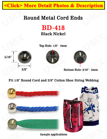 1/8"(D) Black Nickel Finish Steel Iron Cord Ends: with 1/8"(D, Top Hole) x 3/16"(D, Bottom Hole)