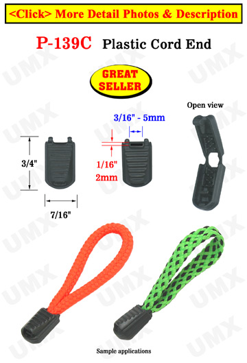 Long Profile Rectangle Plastic Zipper Pulls: Cord End Closure with 3/16"(W) x 1/16"(H) Hole