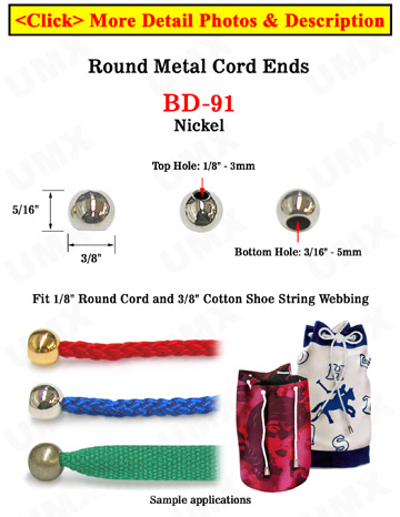 1/8"(D) Nickel Finish Metal Steel Cord Ends: with 1/8"(D, Top Hole) x 3/16"(D, Bottom Hole)