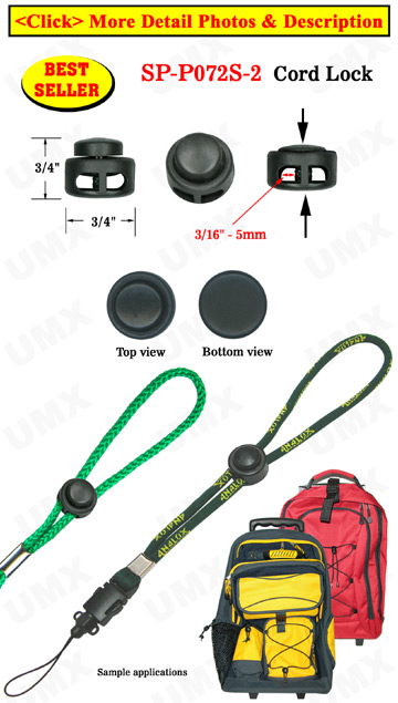 Cord Lock: Small Size, Low Profile Cylinder Shape - Two-Holes - 3/16"(D)=5mm(D)