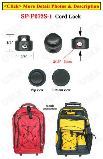 Cord Lock: Small Size, Low Profile Cylinder Shape - One Hole - 3/16"(D)=5mm(D)