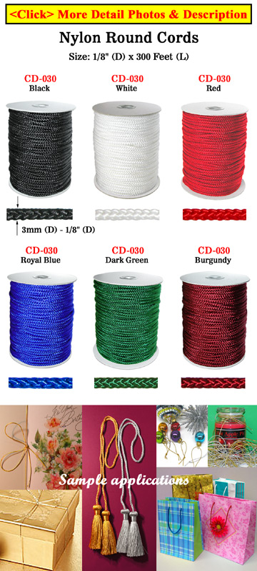 Nylon Cords: By The Spool (Roll) / 300 ft - 1/8" Braided Nylon Round Cords