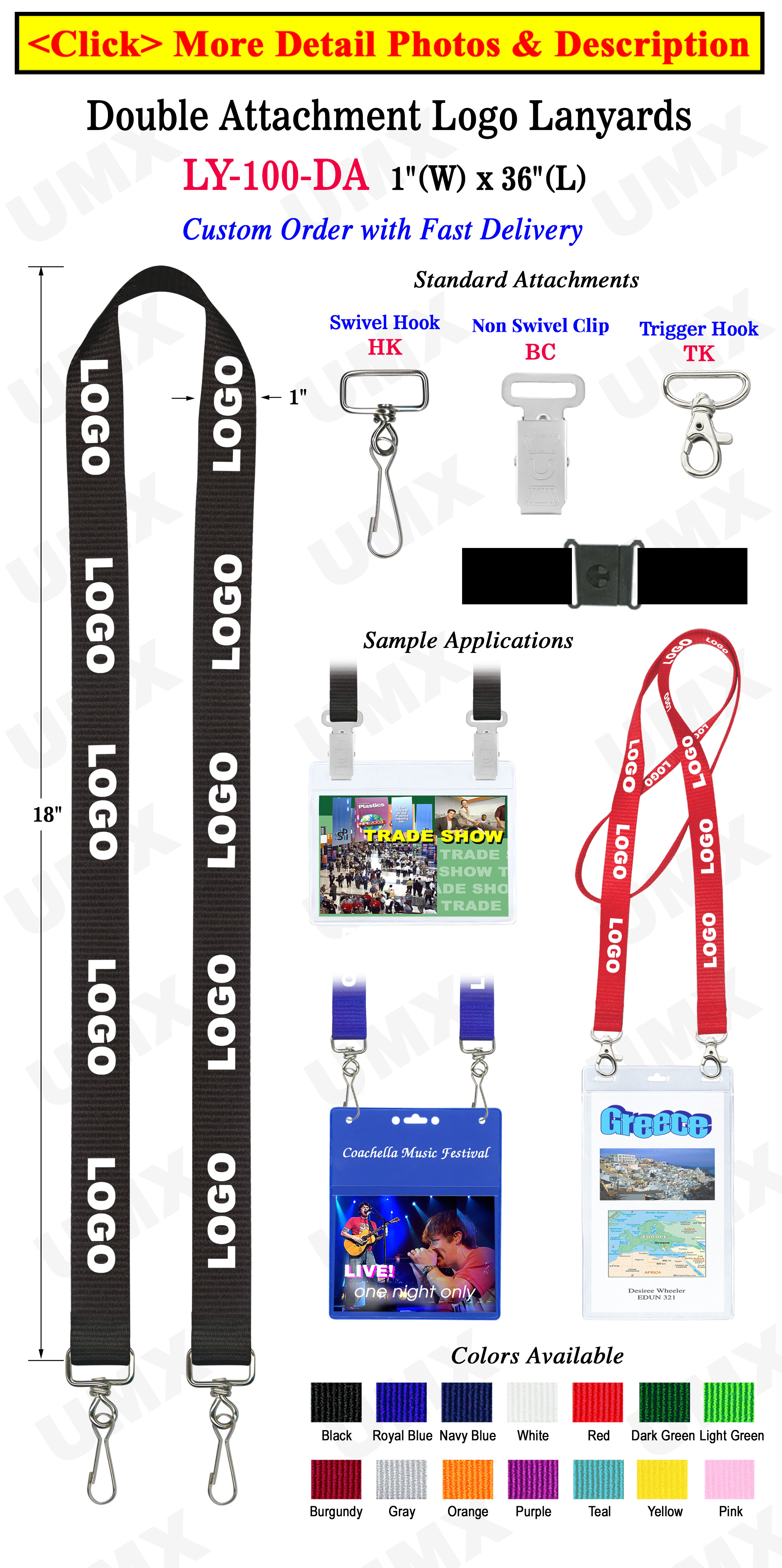 1" Promotional Logo Lanyards For Badges  with Two Clip Holes