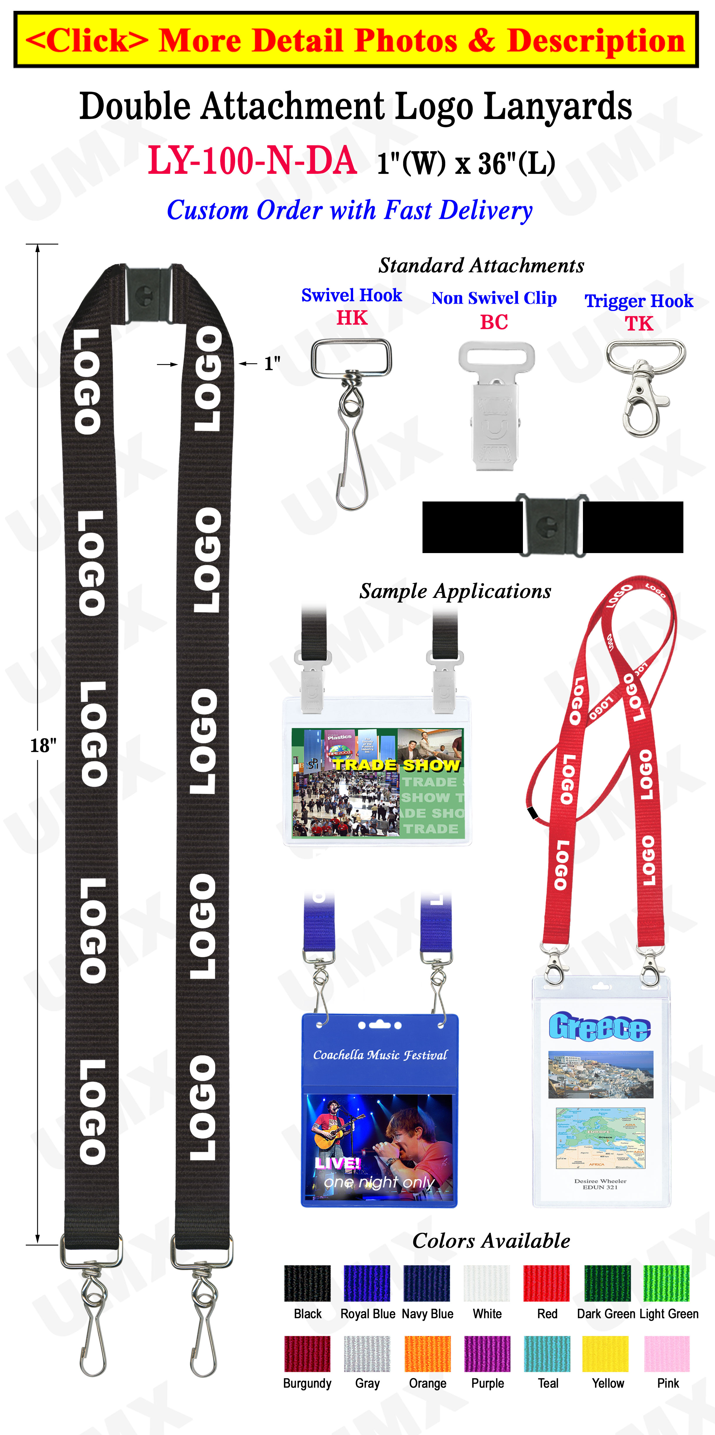 1" Promotional Logo Lanyards For Badges  with Two Clip Holes