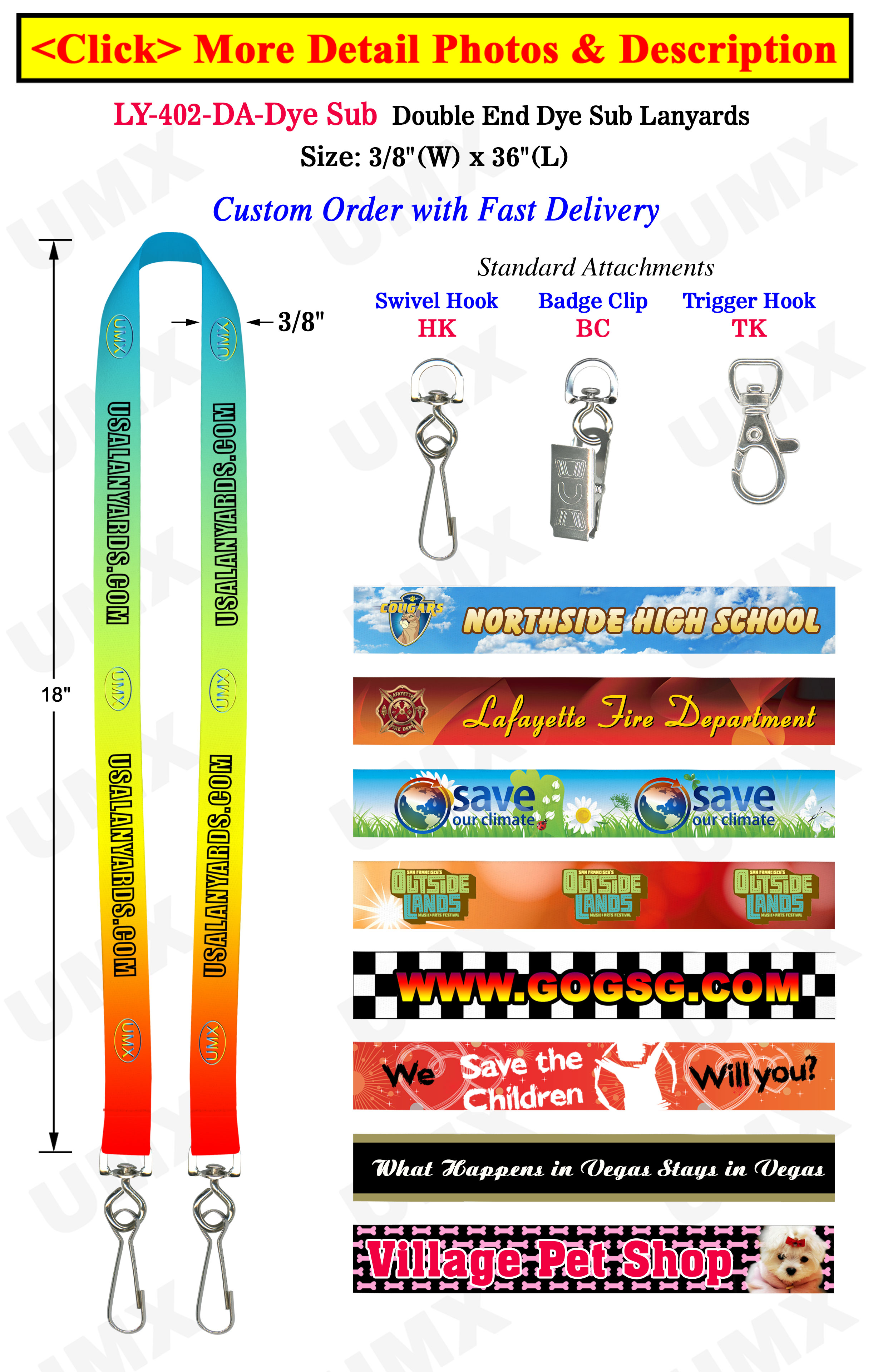 3/8" Custom Double Ended Lanyards With Dye Sublimated Custom Imprint