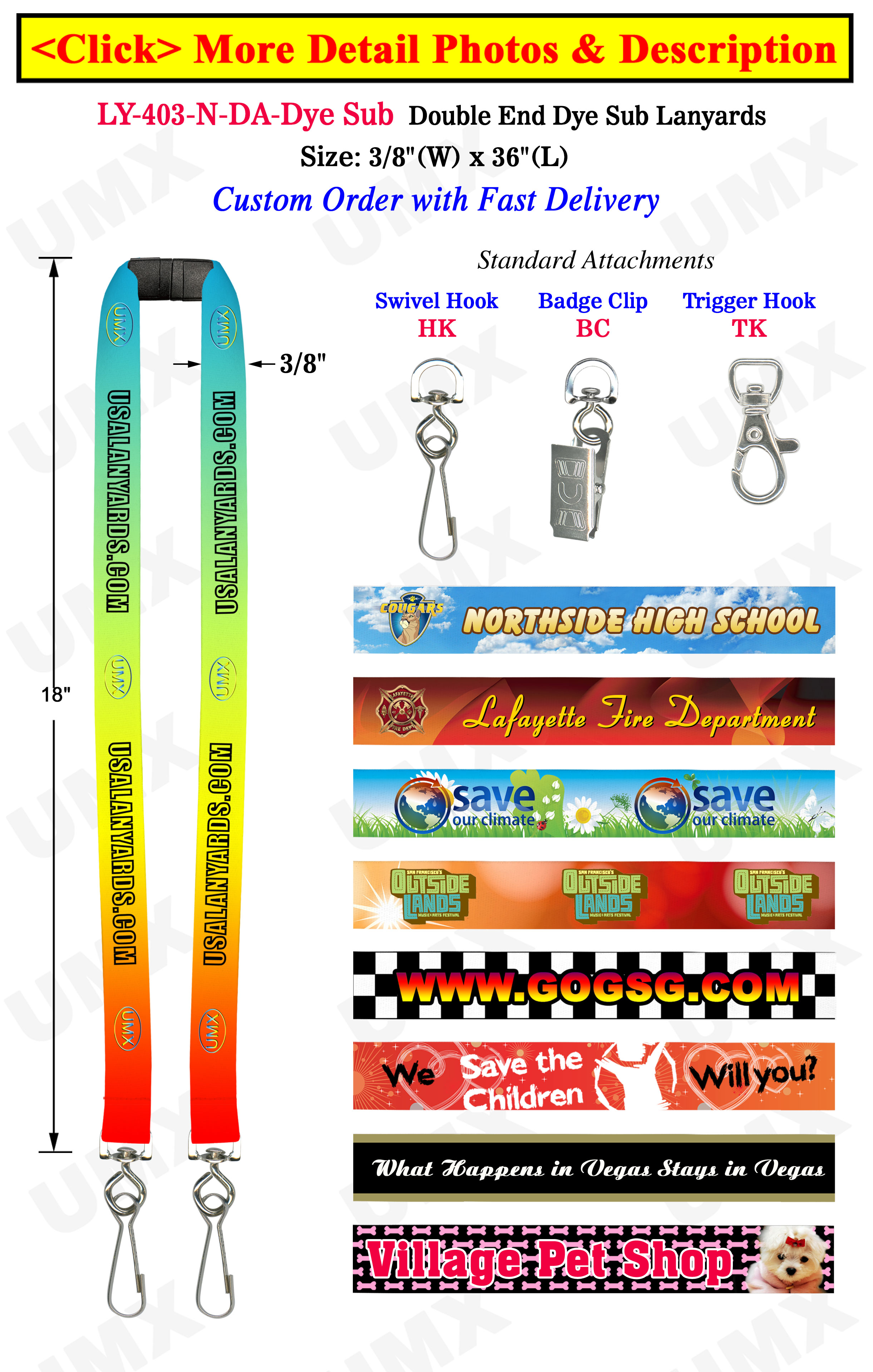 3/8" Custom Double Ended Lanyards With Dye Sublimated Custom Imprint