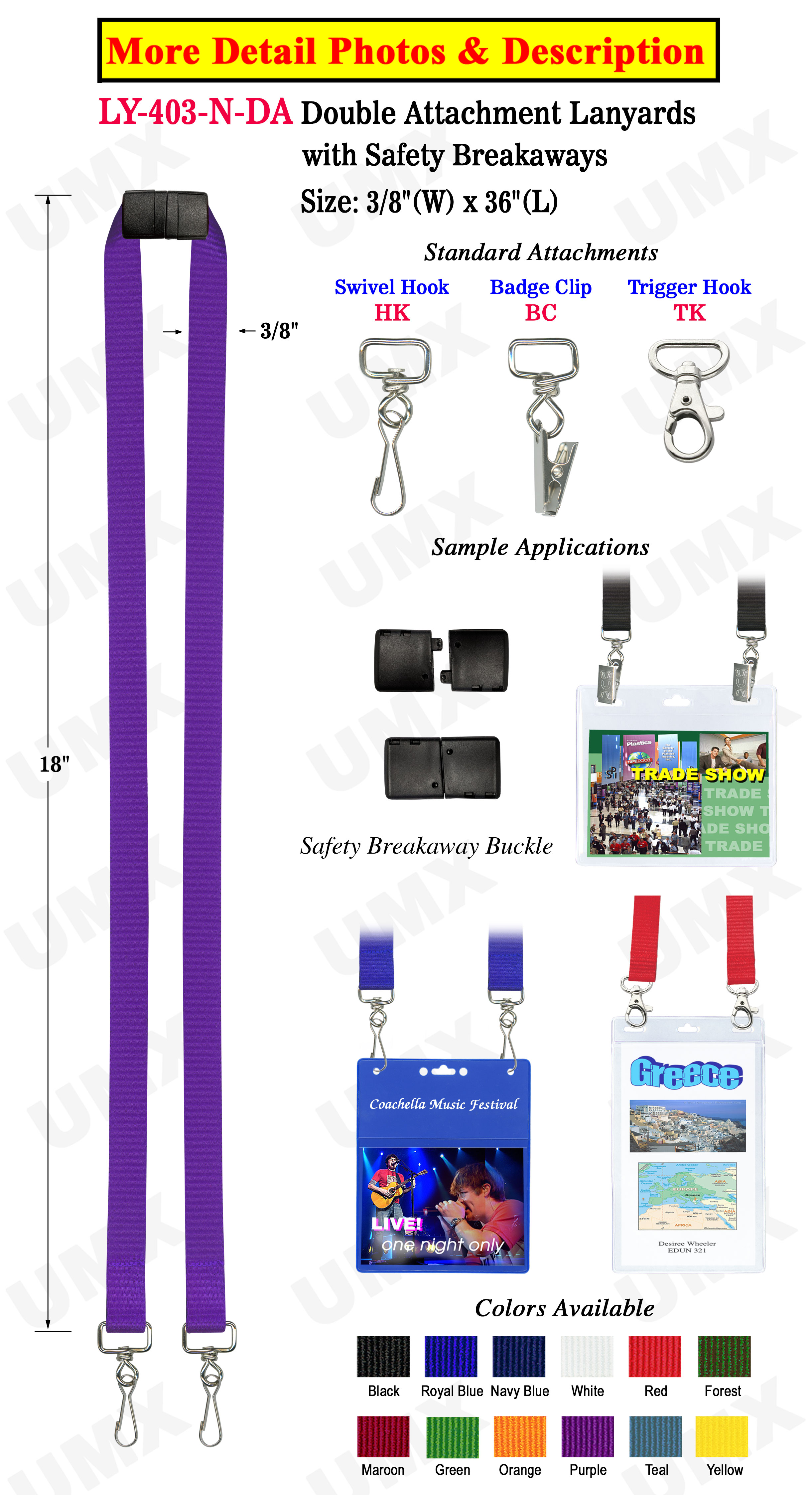 5/8" Exhibition Lanyards with Two Badge Clips or Hooks