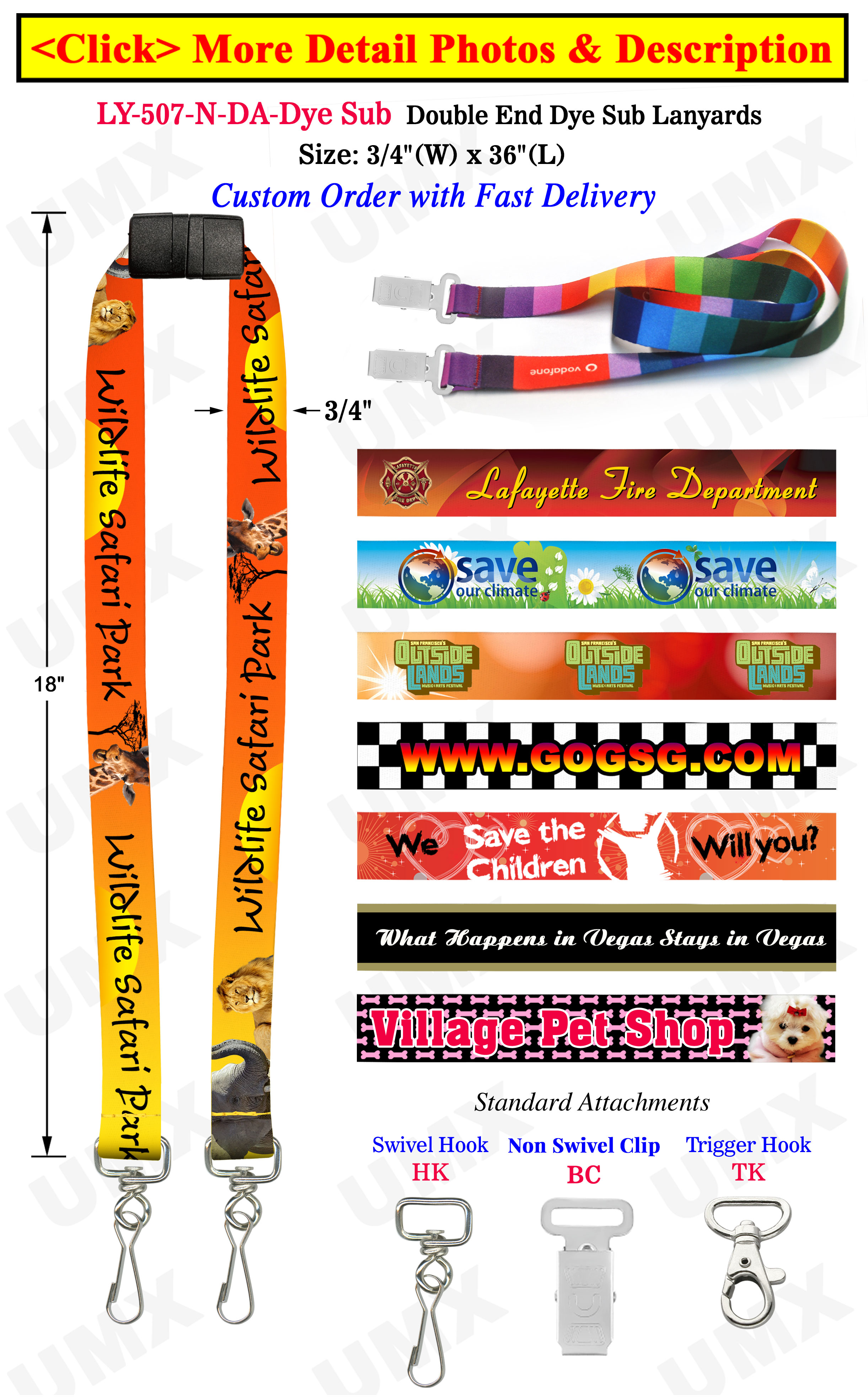 Full Color Custom ID Lanyards With 2 Badge Clips or 2 Hooks