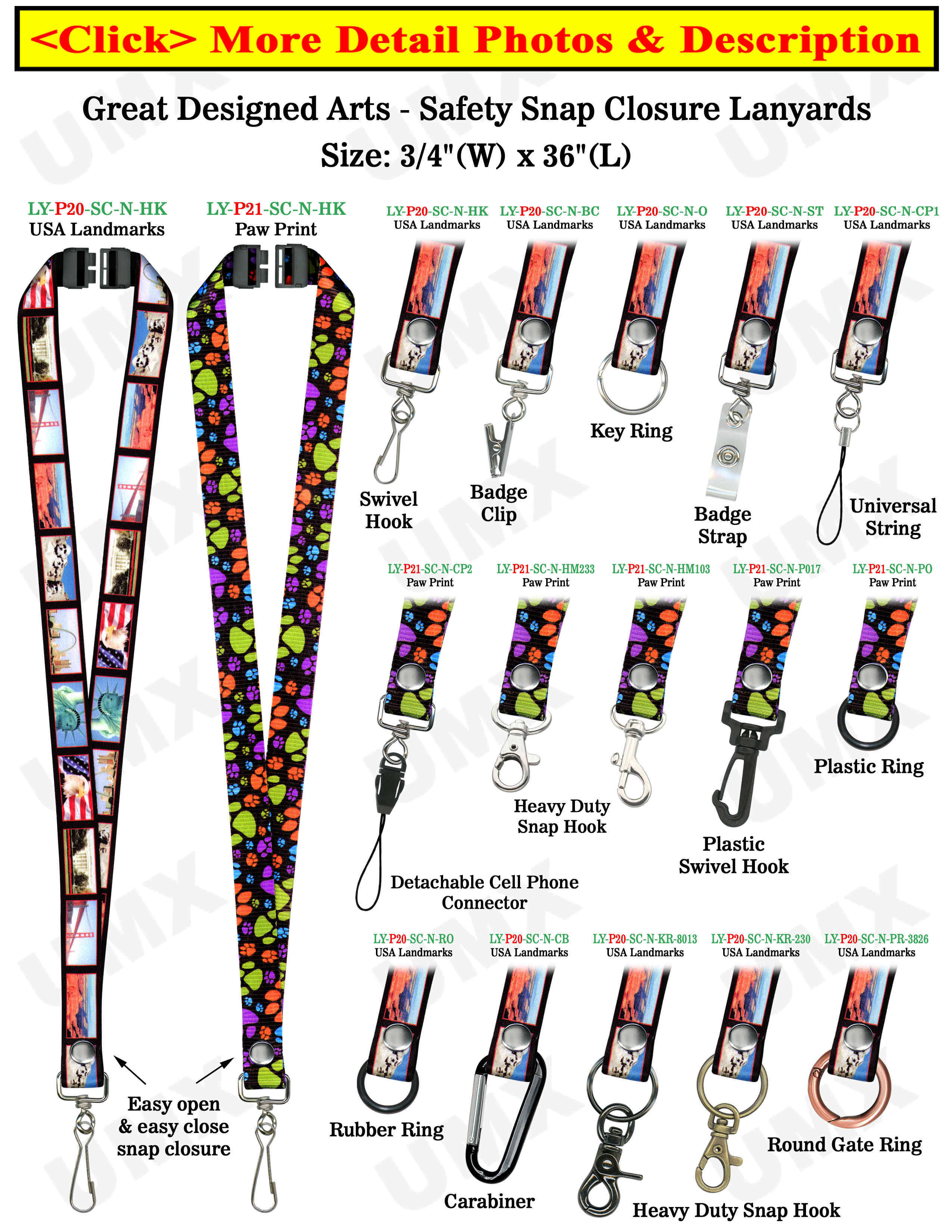 Snap Fastener Lanyards 3/4" Pattern Printed Neck Straps