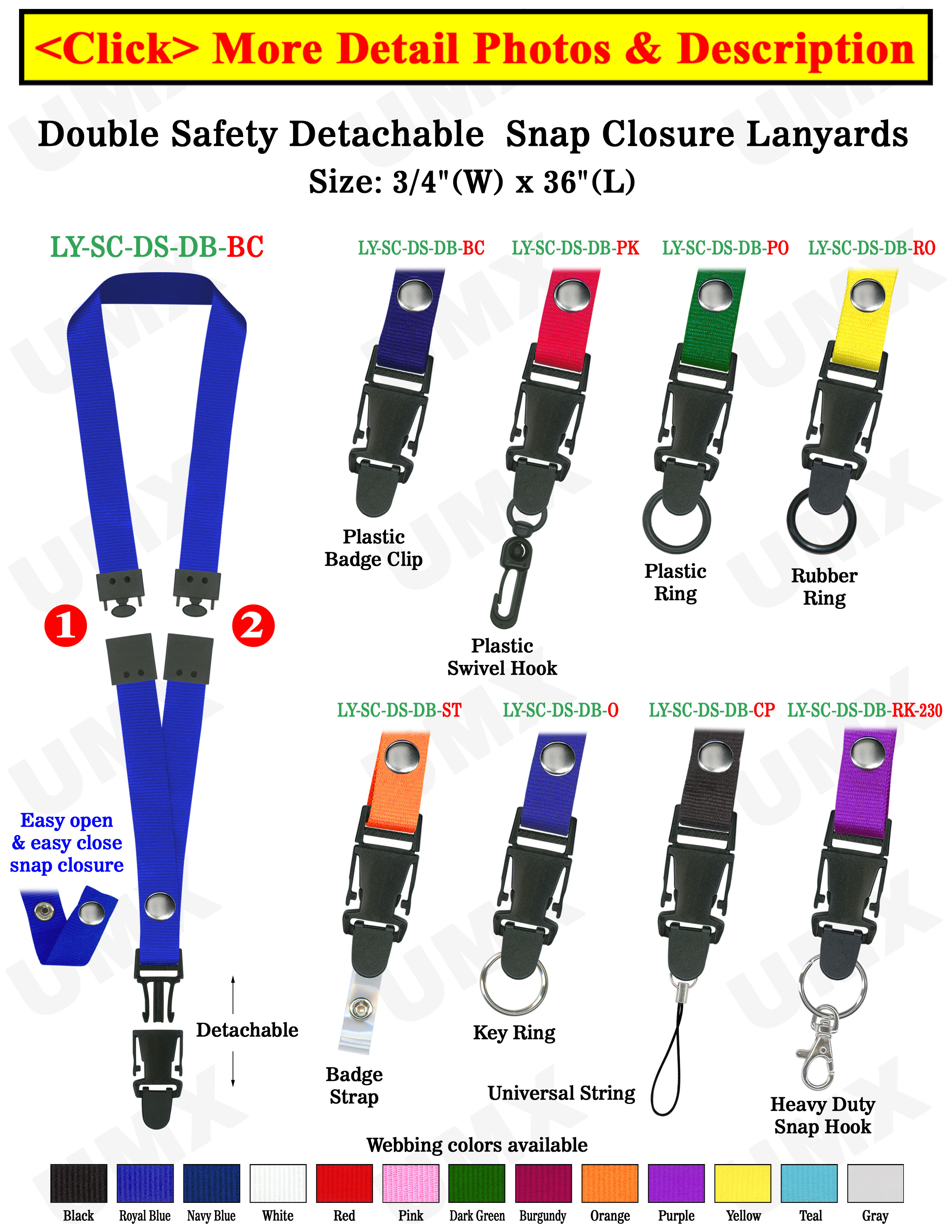 Detachable Two Breakaway Lanyards: 3/4" Safety Neck Straps: Snap Fastener ID Tag Holders