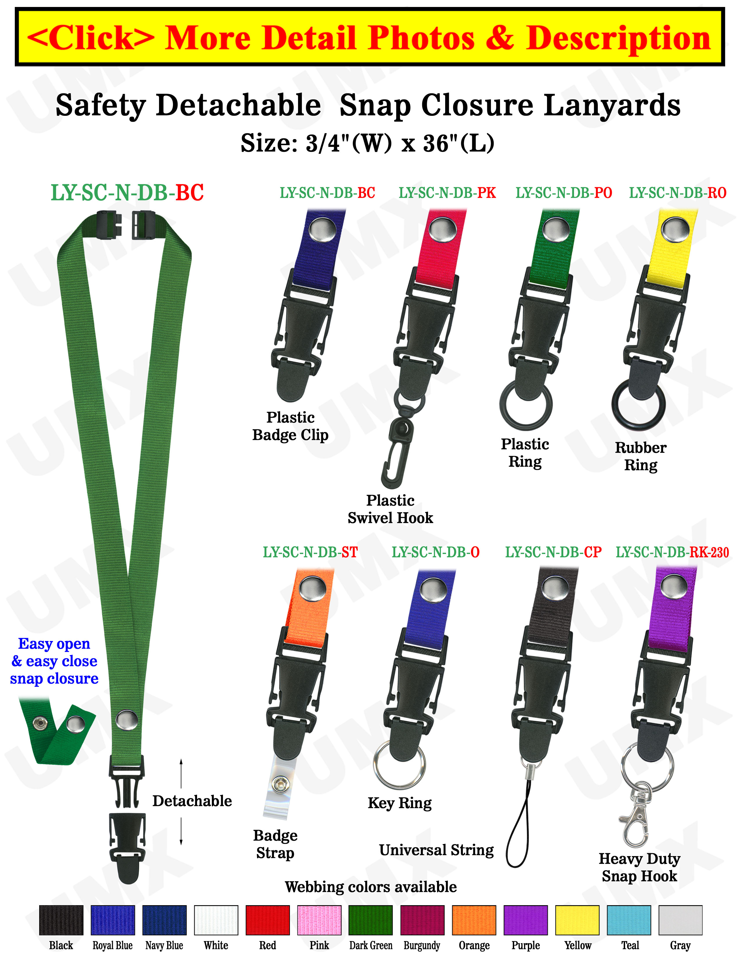 Detachable Safety Lanyards: 3/4 Neck Straps: Snap Closure Name Tag Holders  