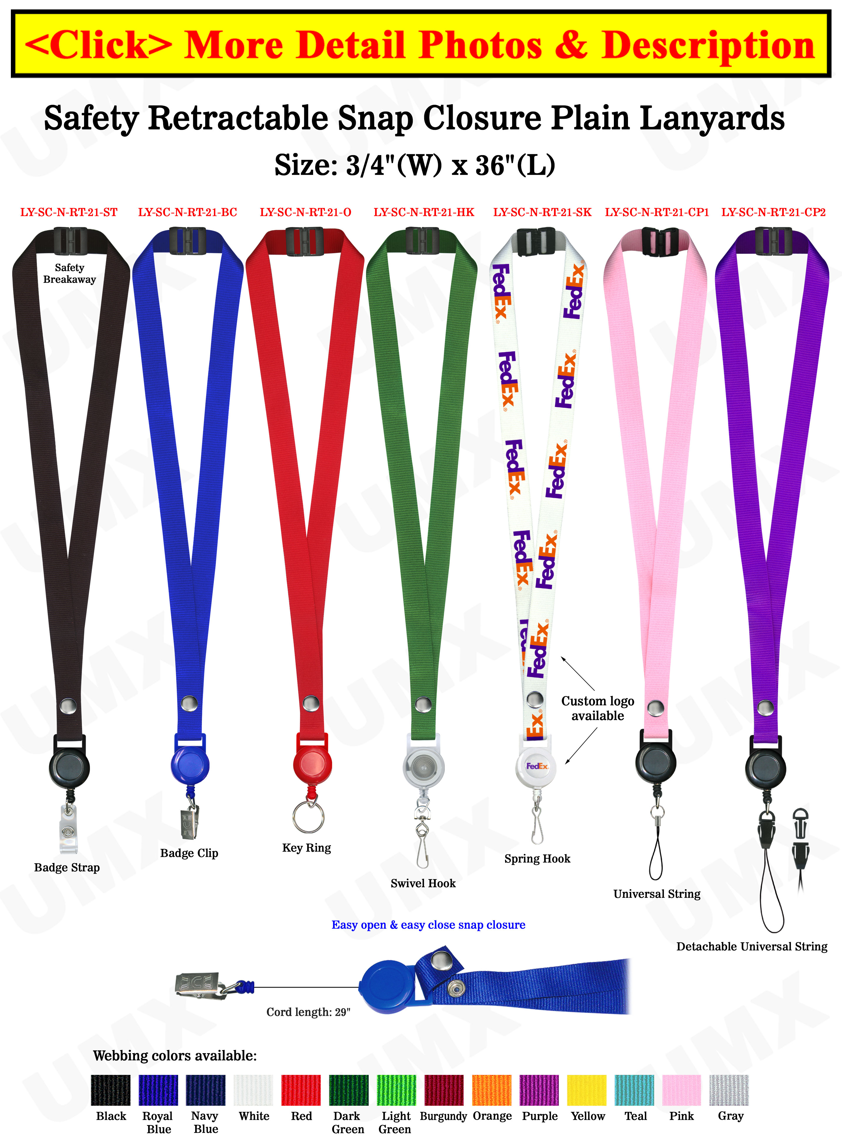 Retractable Name Holder Lanyards: with 3/4" Snap Closure Plain Color Neck Lanyard Straps