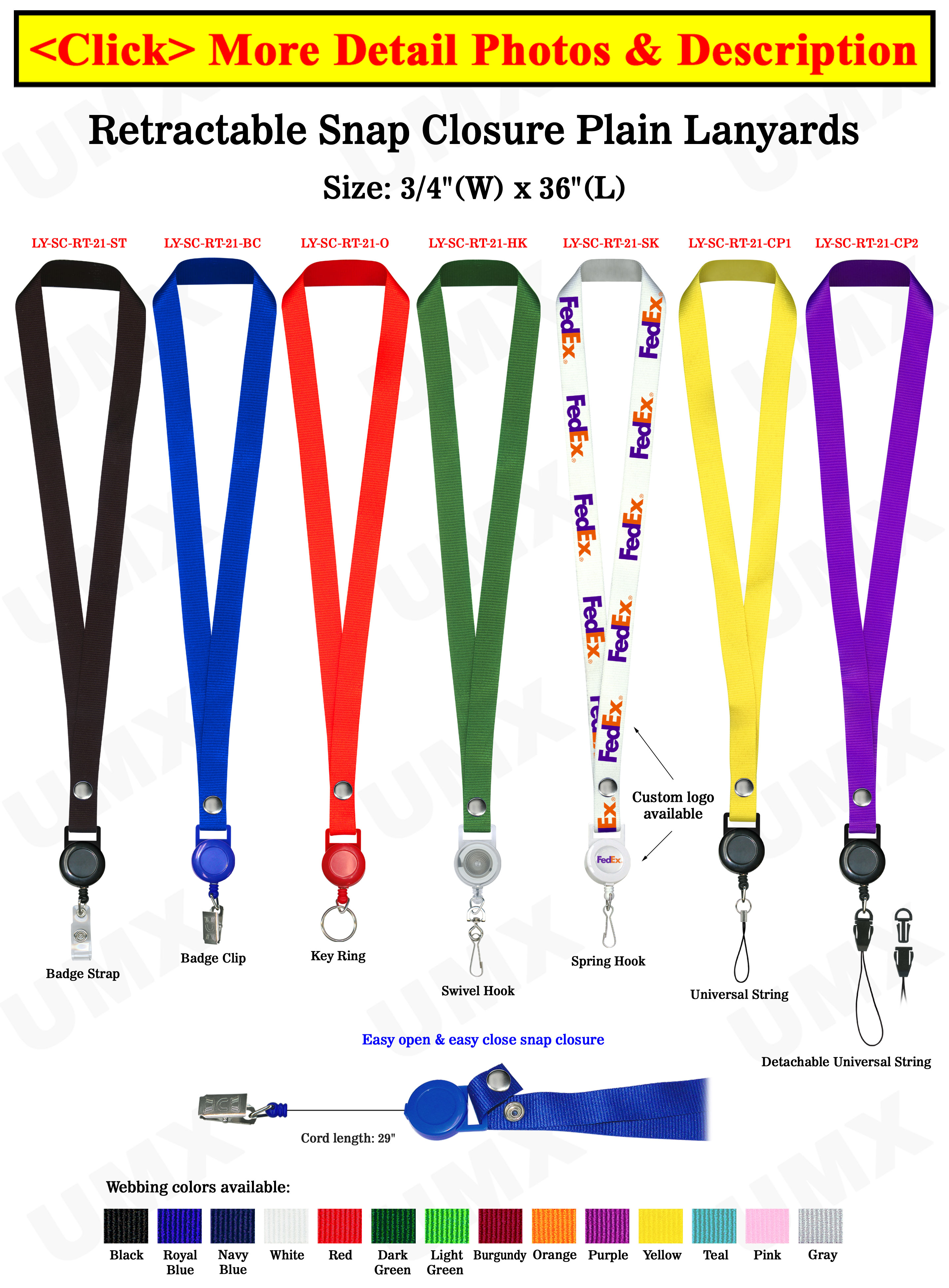 Retractable Name Holder Lanyards: with 3/4 Snap Closure Plain Color Neck  Lanyard Straps 