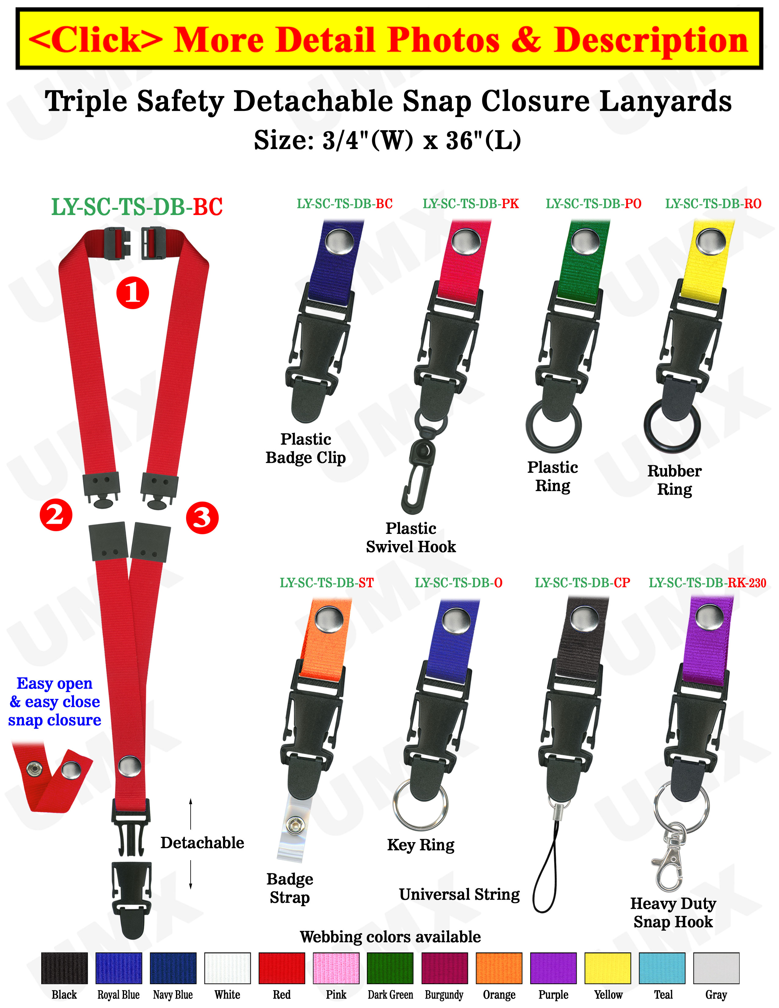 Detachable Three Safety Lanyards: 3/4" Multiple Breakaway Neck Straps: Snap Fastener Badge Holders