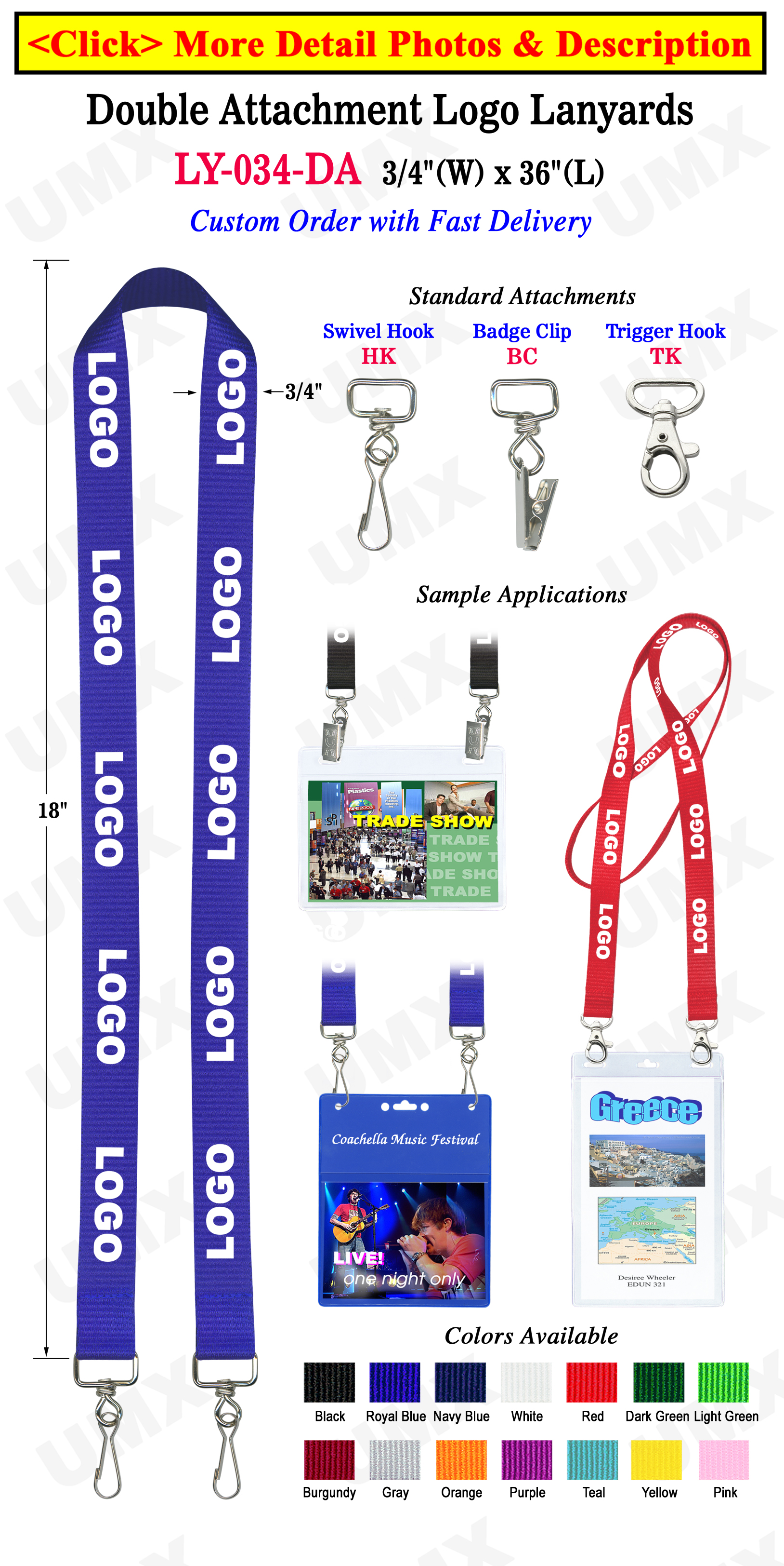 Text 100 QTY Custom Trade Show Polyester 1/2" Lanyards Printed With Your Logo 