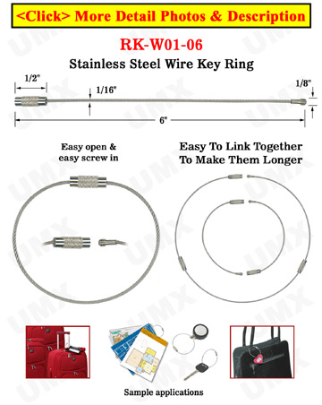 6" Cable Key Rings: Stainless Steel Wire Keyrings, Metal Ring Security Lanyards.