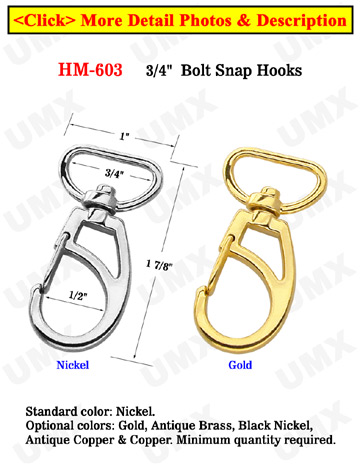 3/4" Enhanced Frame Gold Bolt Snap Hooks For Flat Straps