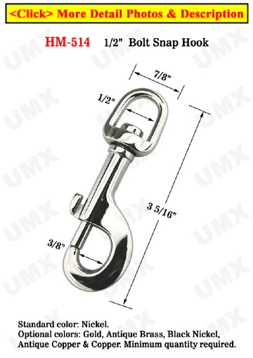 1/2" Long D-Head Large Slide Bolt Snap Hooks: For Round Rope