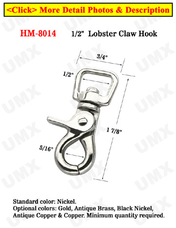 1/2" Square Swivel Lobster Claw Snap Hooks: For Flat Rope