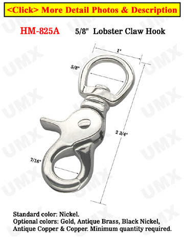 5/8" Steel Lobster Claw Bolt Snap Hooks: For Round or Flat Rope