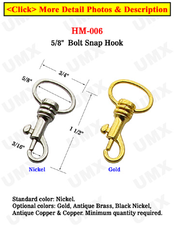 5/8" Short Profile Bolt Snaps: For Round Cords or Flat Straps