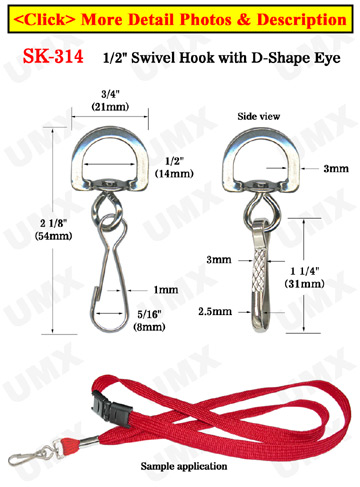 1/2" Flat Straps D-Eye Swivel Hooks: For Round Cords or Flat Straps