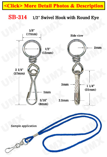 1/2"  Heavy Duty Round Eye Swivel Hooks: For Round Cords or Flat Straps