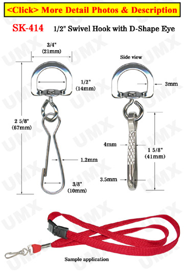 1/2" D-Eye Large Swivel Hooks: For Round Cords or Flat Straps 