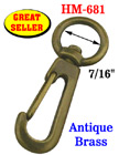 7/16" Nickel & Antique Brass Spring Wire Gate Bolt Snap Hooks: For Small Round or Flat Cords HM-681/Per-Piece