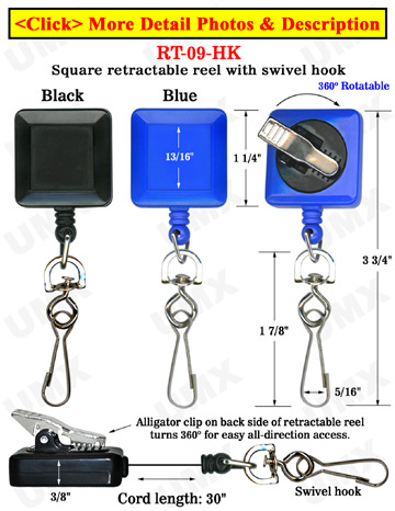 Rotatable Swivel Hook Reels With Swivel Backs & Alligator Clips